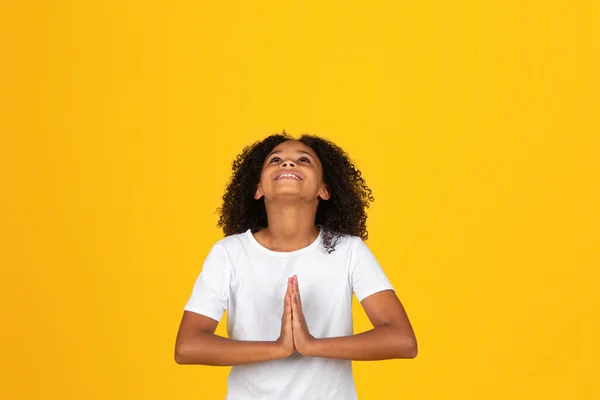 Smiling Adolescent Curly Girl White Shirt Looking Praying Gesture Isolated — Stock Photo, Image