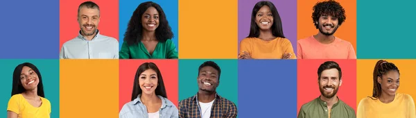 Headshots Van Positieve Millennial Volwassen Internationale Mensen Kleurrijke Studio Achtergrond — Stockfoto