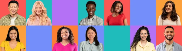 Positieve Jonge Volwassen Verschillende Mensen Met Perfecte Tanden Kleurrijke Studio — Stockfoto