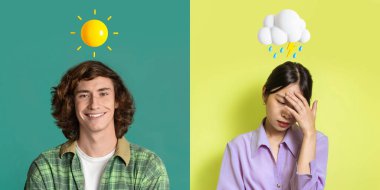 Karşıt Duygular. Mutlu genç adam ve üzgün Asyalı kadın. Renkli arka planda güneşli pozlar veriyorlar. Kafasının üstünde yağmurlu bulutlu Emoji, farklı insanların iyi ve kötü ruh hali, kolaj, panorama...