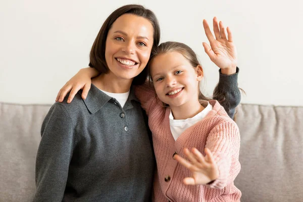 Positive Caucasian Middle Aged Daughter Mother Wave Hands Greeting Gesture — Stock Photo, Image