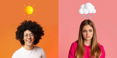 Ruh hali değişiklikleri. Mutlu genç siyah adam ve kafasının üstünde hava durumu emojisi olan beyaz kadın, güneş ve yağmur bulutları ikonlarıyla erkek ve kadın portreleriyle yaratıcı kolaj, panorama