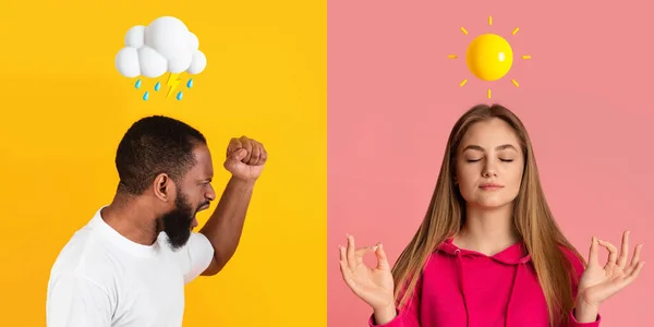 Emotions Diversity. Creative collage with angry black man and calm young woman posing over colorful backgrounds with weather emoji above heads, diverse people having mood swings, panorama