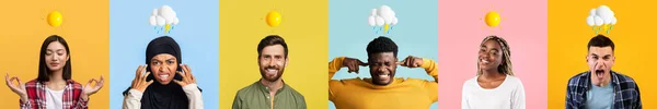 Espectro Emocional Pessoas Multiétnicas Diversas Com Humor Diferente Posando Sobre — Fotografia de Stock