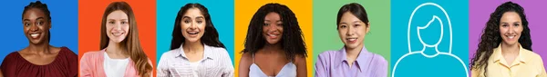 Froh Ziemlich Inspirierte Millennial Multiracial Ladys Auf Farbigem Studiohintergrund Mit — Stockfoto