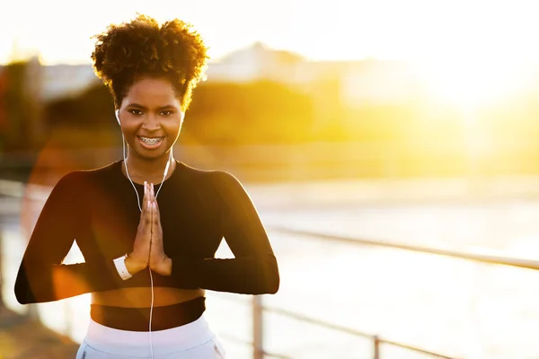 Inner Harmony Smiling Black Young Woman Meditating Outdoors Sunset Happy — Stock Photo, Image