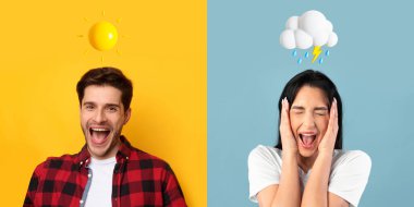 Difference In Relationship. Happy Man And Upset Woman Posing Over Colorful Backgrounds, Creative Collage With Young Couple With Weather Emojis Above Head Suffering Different Emotions, Panorama clipart