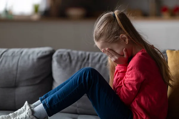 Upset Little Girl Sitting Couch Home Crying Depressed Female Child — Stock Photo, Image