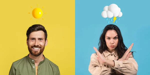 太陽の絵文字と雨の雲のアイコン頭の上に雨の雲のアイコンを持つ幸せな男は カラフルなスタジオの背景にポーズ 男性と女性は異なる気分を表現します 感情的なスイッチを持っています コラージュ — ストック写真