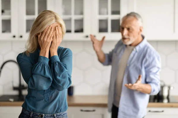 Psychological Abuse Upset Senior Woman Crying Kitchen While Arguing Husband — Stockfoto