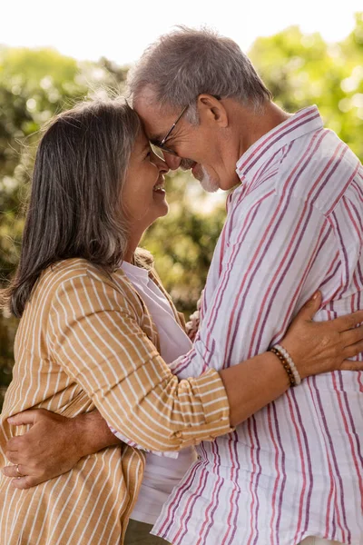 Lachende Oudere Blanke Vrouw Knuffelende Man Het Park Buiten Verticaal — Stockfoto