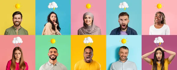 Portraits Multiethnic People Different Weather Emojis Head Posing Colorful Backgrounds — Stock Photo, Image