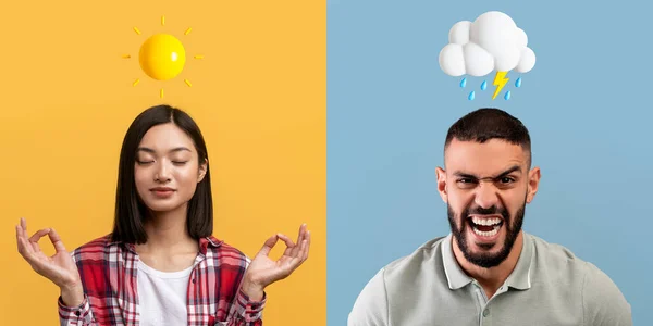 Stress Coping. Calm Asian Woman And Angry Man Posing Over Colorful Backgrounds, Creative Collage Of Male And Female With Weather Emojis Above Head Suffering Different Emotions, Panorama