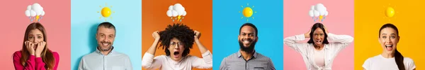 Human Emotions. Diverse Multiethnic People With Different Facial Expressions Posing Over Colorful Backgrounds With Sun And Rain Cloud Emojis, Men And Women Feeling Happy, Sad Or Anxious, Collage