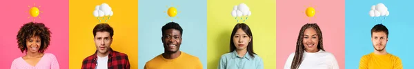 Mood Swings Concept. Diverse Multiethnic People Expressing Positive And Negative Emotions While Posing Over Colorful Studio Backgrounds With Weather Emojis Above Head, Creative Collage, Panorama