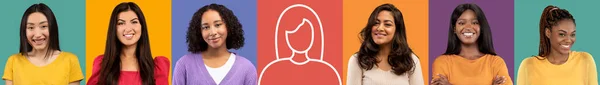 Реклама Пропозиція Соціальні Мережі Щасливі Молоді Багаторасові Жінки Кольоровому Студійному — стокове фото