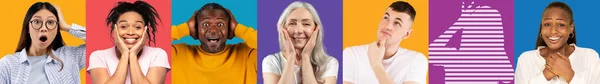 Шокований Радісний Старий Тисячолітній Багатоетнічний Чоловік Жінка Кольоровому Фоні Порожнім — стокове фото