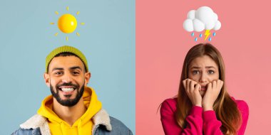Duygusal Çeşitlilik var. Güneşli Adam ve Gök Gürültülü Kadın Emoji Kafasının üstünde Renkli Arka planda, Arap Erkek ve Kafkasyalı Kadın Ruh Durumu Değişiklikleri, Yaratıcı Kolaj