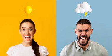 Ruh halinin sallanması. Mutlu kadın portreleri ve kızgın Arap adam, güneşli ve yağmurlu Emoji 'nin kafalarının üstünde farklı duyguları ifade eden erkek ve kadın resimleri, yaratıcı kolaj.