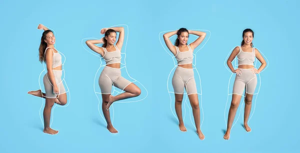 Feliz Milenar Caucasiano Mulheres Magras Diferentes Poses Sportswear Com Corpo — Fotografia de Stock