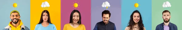 Människor Olika Stämningar Poserar Över Färgglada Bakgrunder Med Väder Emojis — Stockfoto