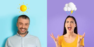 İnsan Duyguları Konsepti. Mutlu bir adam ve kızgın bir kadınla kolaj, neşeli bir erkek ve stresli bir kadın güneşli arka planlar ve yağmurlu bulutlu Emojis başlarının üstünde, panorama