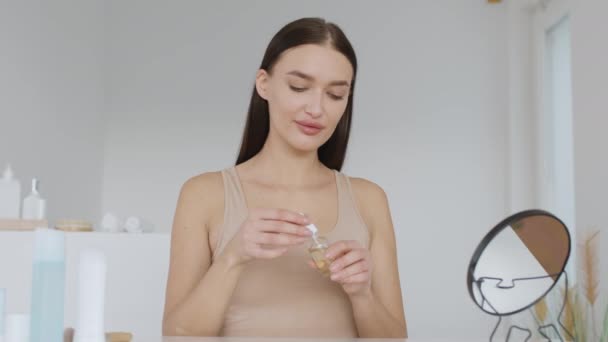 Skin Nutrition Concept Portrait Young Positive Woman Applying Nourishing Serum — Stock Video
