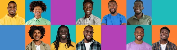 Lachende Positieve Jonge Volwassen Krullend Afrikaanse Amerikaanse Mannen Kleurrijke Studio — Stockfoto