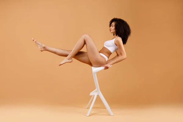 Young Slim Latin Woman White Underwear Sitting White Chair Beige — Stock Photo, Image
