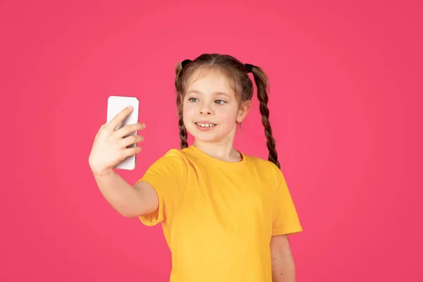 Portrait Cute Little Girl Taking Selfie Smartphone Smiling Preteen Female — Stock Photo, Image