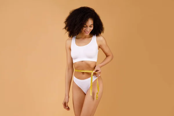 Satisfied Happy Well Fit Black Lady Wearing White Underwear Holding — Stock Photo, Image