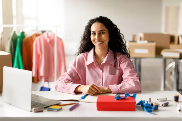 Fashion Entrepreneurship Happy Professional Designer Lady Sitting Laptop Workplace Modern — Stock Photo, Image
