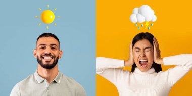 Davranış değişikliği. Değişik ruh halleri ve duygusal değişimin göstergesi olarak, renkli arka planda duran mutlu Arap Adam ve endişeli Asyalı Kadın Yağmurlu Bulutlu Emojiler,