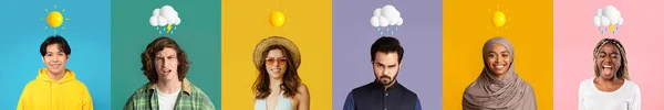 Group Of Multiethnic People With Different Mood Posing Over Colorful Backgrounds, Diverse Young Men And Women With Sun And Rainy Clouds Above Heads Expressing Positive And Negative Emotions, Collage