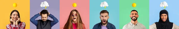 stock image Emotional Turbulence. People With Different Facial Expressions Posing Over Colorful Backgrounds With Weather Emojis Above Head, Diverse Multiethnic Men And Women Suffering Mood Swings, Collage