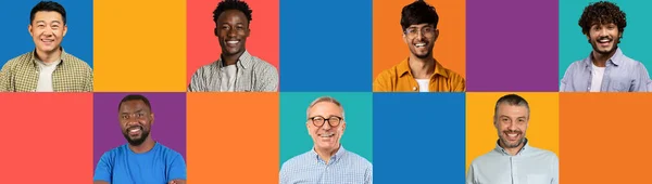 Positivo Jóvenes Adultos Diferentes Hombres Fondo Estudio Colores Con Espacio — Foto de Stock