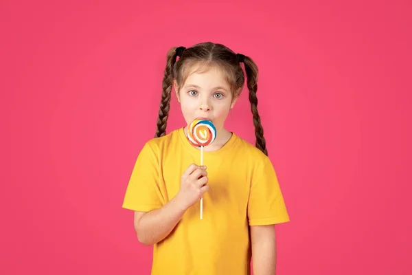 Cute Preteen Girl Licking Lollipop Candy Looking Camera Cheerful Female — Stock Photo, Image