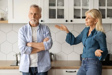 Aile içi çatışmalar var. Mutfakta tartışan yaşlı çiftin portresi, evde kocasına bağıran kızgın olgun kadın, yaşlı eşler yanlış anlaşılma ve evlilik krizinden muzdarip,