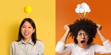 Bipolar bozukluk. Farklı ruh halleri olan insanların portreleri, renkli arka planlar, Hapy Asian Woman with Sun Emoji ile yaratıcı kolaj ve kafasının üstünde yağmur bulutu olan siyah adam