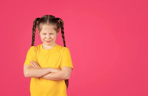 Portrait Cute Little Girl Crying Pink Background Upset Preteen Female — Stock Photo, Image