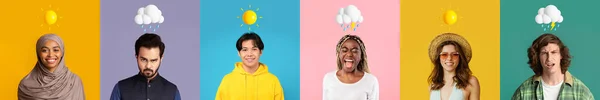 Mood Changes. Diverse Multiethnic People Feeling Positive And Negative Emotions, Men And Women With Weather Emojis Above Head Posing Over Colorful backgrounds, Creative Collage, Panorama