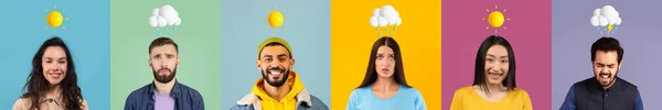 People With Different Mood Posing Over Colorful Backgrounds, Diverse Multiethnic Men And Women With Weather Emojis Above Head Expressing Good And Bad Emotions, Creative Collage, Panorama