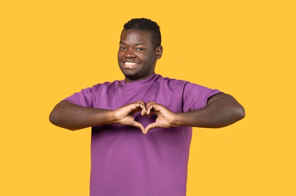 Love Kindness Concept Happy African American Guy Showing Heart Shape — Stock Photo, Image
