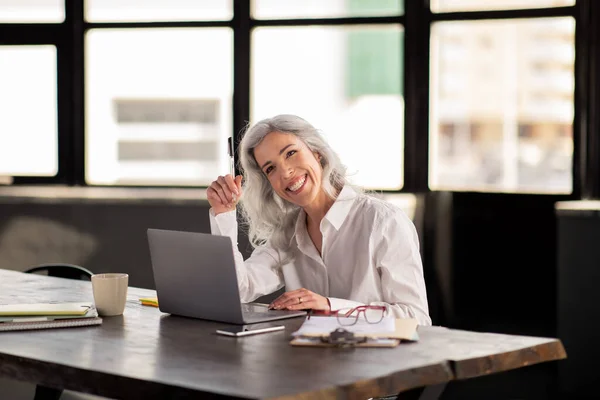 Empreendedorismo Profissional Sorrindo Mulher Negócios Sentada Laptop Trabalhando Line Escritório — Fotografia de Stock