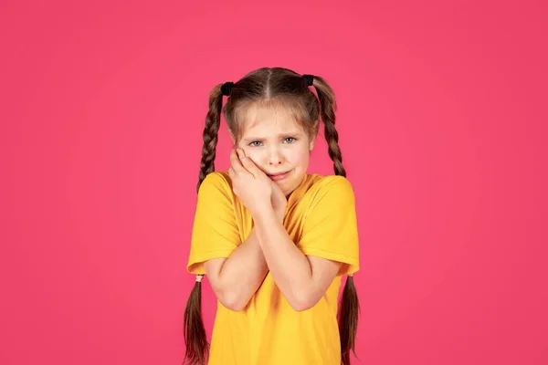 Unhappy Preteen Girl Suffering Tooth Ache Upset Female Child Touching — Stock Photo, Image