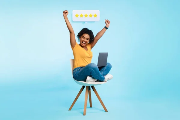 Best Website, Online Service Rating. Joyful Black Woman At Laptop With Five Star Icon Gesturing Yes, Celebrating Online Success Over Blue Studio Background. Positive Customers Feedback. Collage