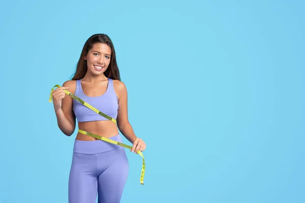 Smiling Millennial Caucasian Slim Woman Sportswear Checking Waist Measuring Tape — Stock Photo, Image