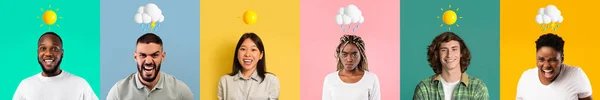 Διαφορετικοί Πολυεθνικοί Άνθρωποι Τις Καιρικές Συνθήκες Emojis Πάνω Από Κεφάλι — Φωτογραφία Αρχείου