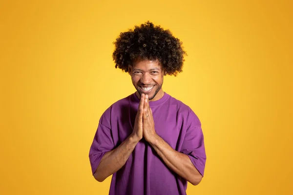Glad Black Middle Aged Curly Man Violet Shirt Prays Hands — Stock Photo, Image