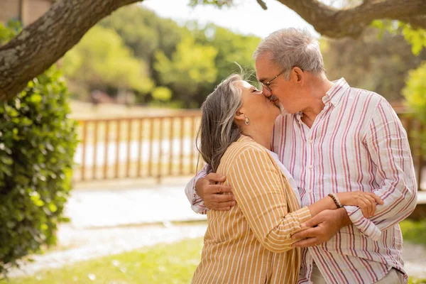 Happy European Mature Couple Kissing Enjoy Date Together Park Summer — Stock Photo, Image